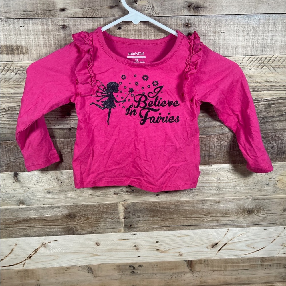 Miniville I Believe In Fairies Girls (3T) Pink Cotton Ruffles Long Sleeve Shirt